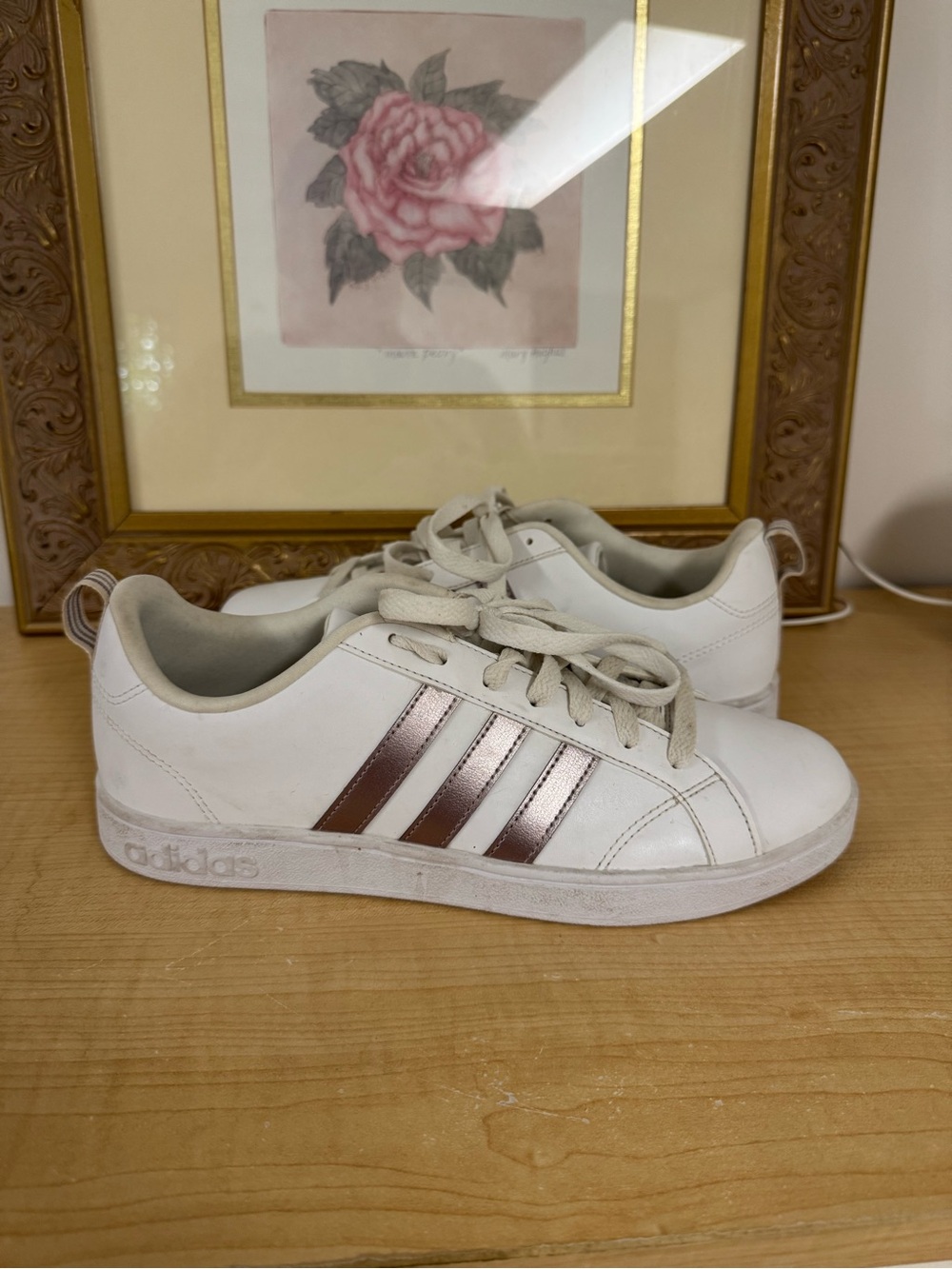 Adidas White Sneakers with Metallic Stripes